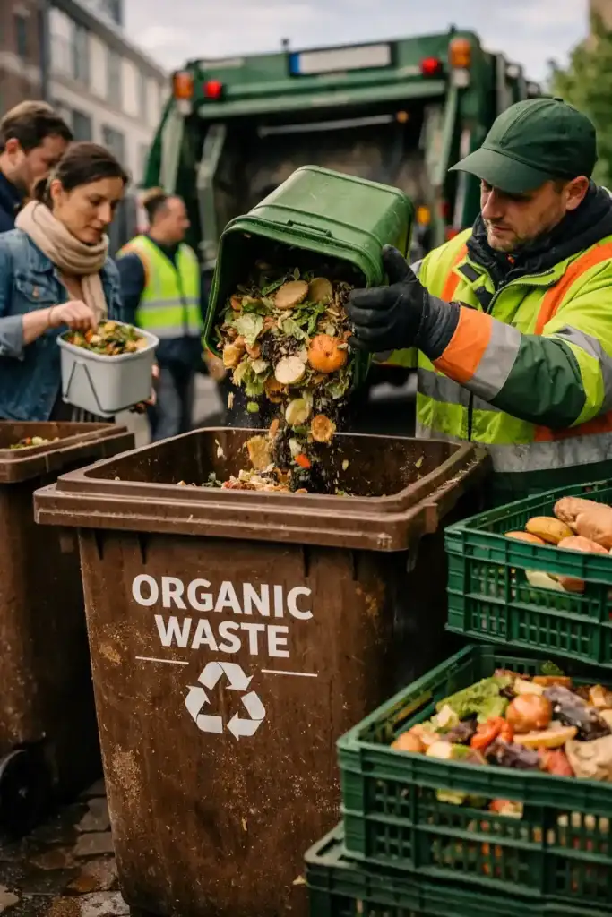 Uma cena urbana de coleta seletiva de resíduos orgânicos e redistribuição de alimentos, ilustrando o processo que transforma restos em compostagem ou biogás.