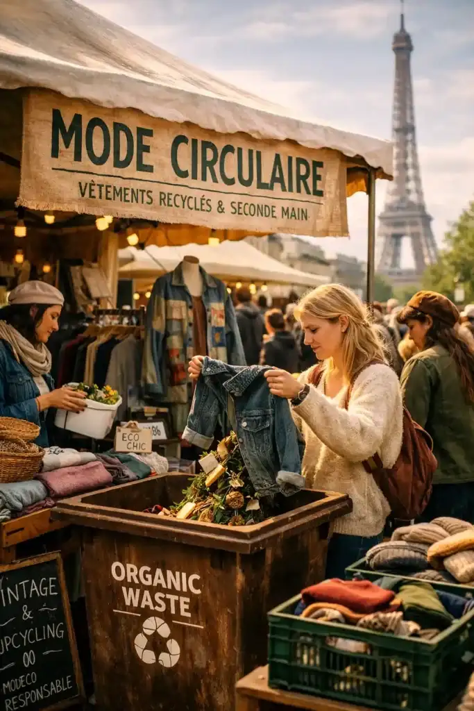 Uma feira de roupas de segunda mão e tecidos reciclados em Paris, representando a moda circular e o consumo verde.