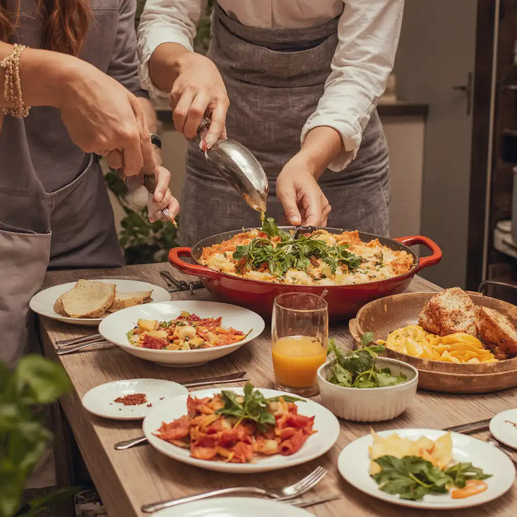 Pratos Italianos Em Mesa Farta E Descontraída