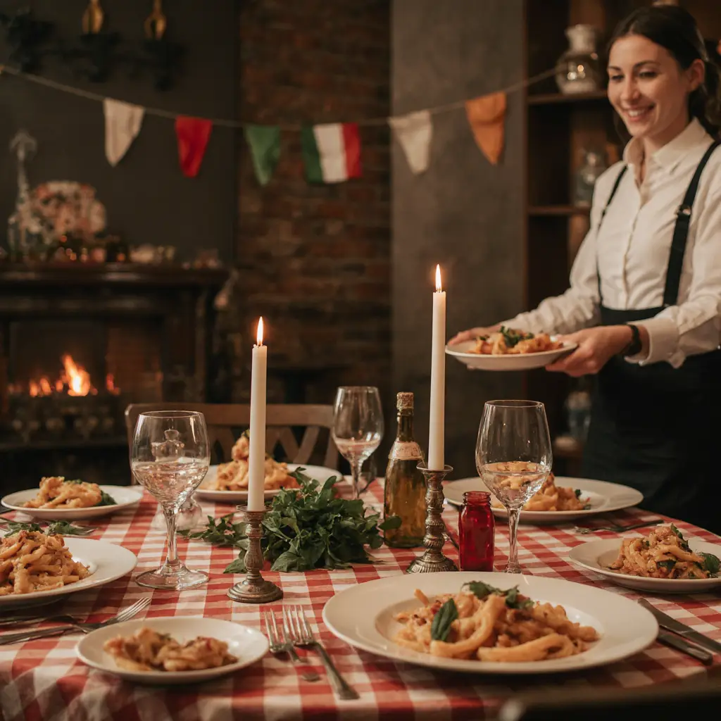Colocando Massa Na Mesa Com Toalha Xadrez Velas E Decoração Festiva