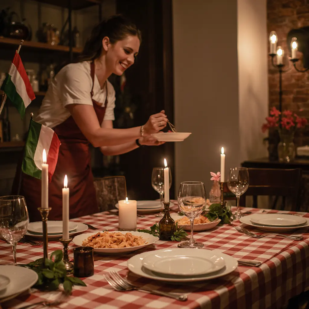 Finalizando a Mesa Para O Jantar Temático Italiano