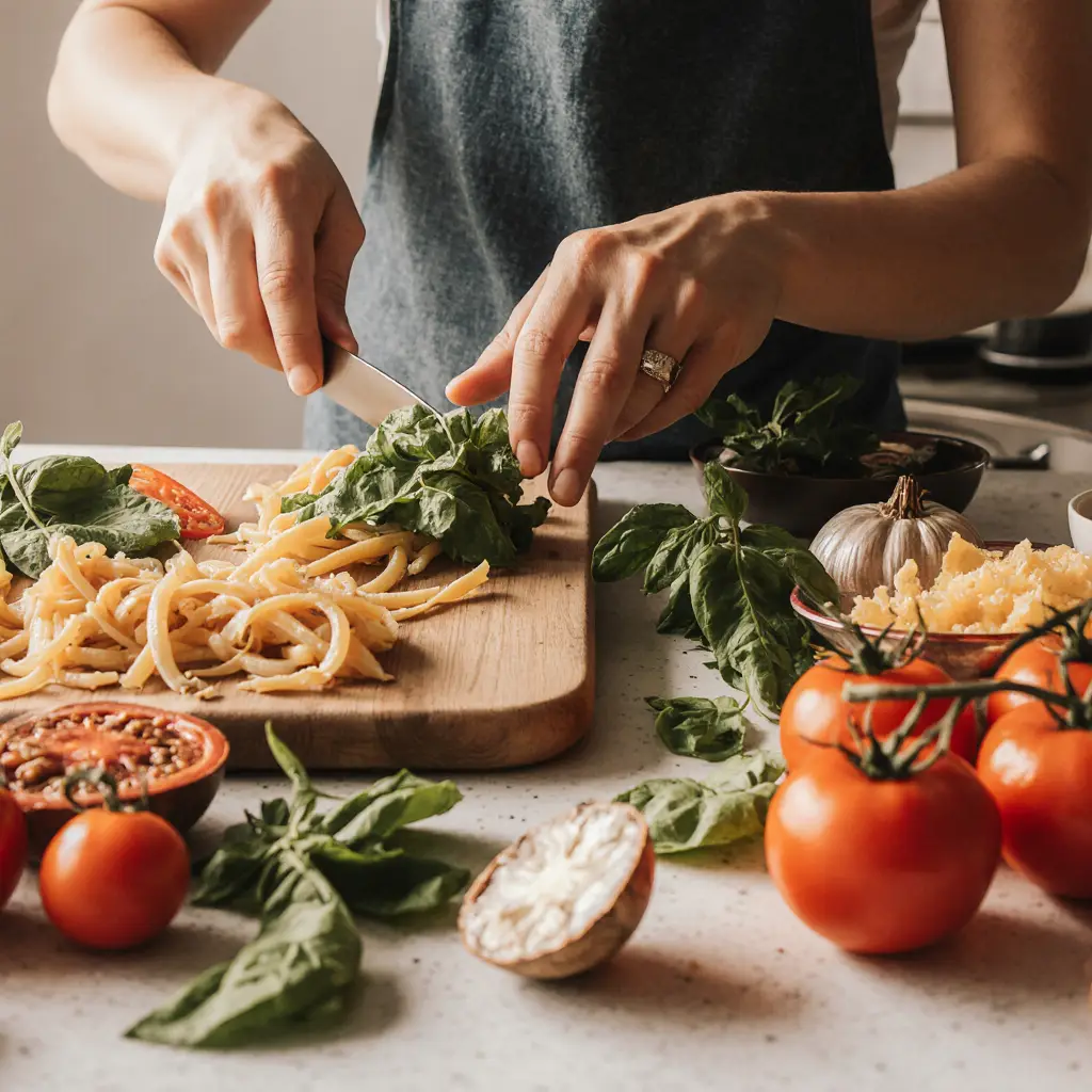 Cortando Ervas Frescas Cercada Por Ingredientes Vibrantes E Massa Pronta