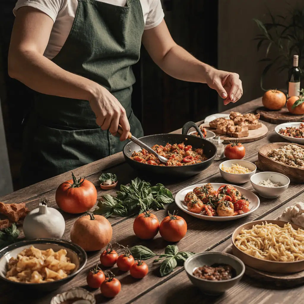 Preparando Pratos Italianos Entre Ingredientes Frescos