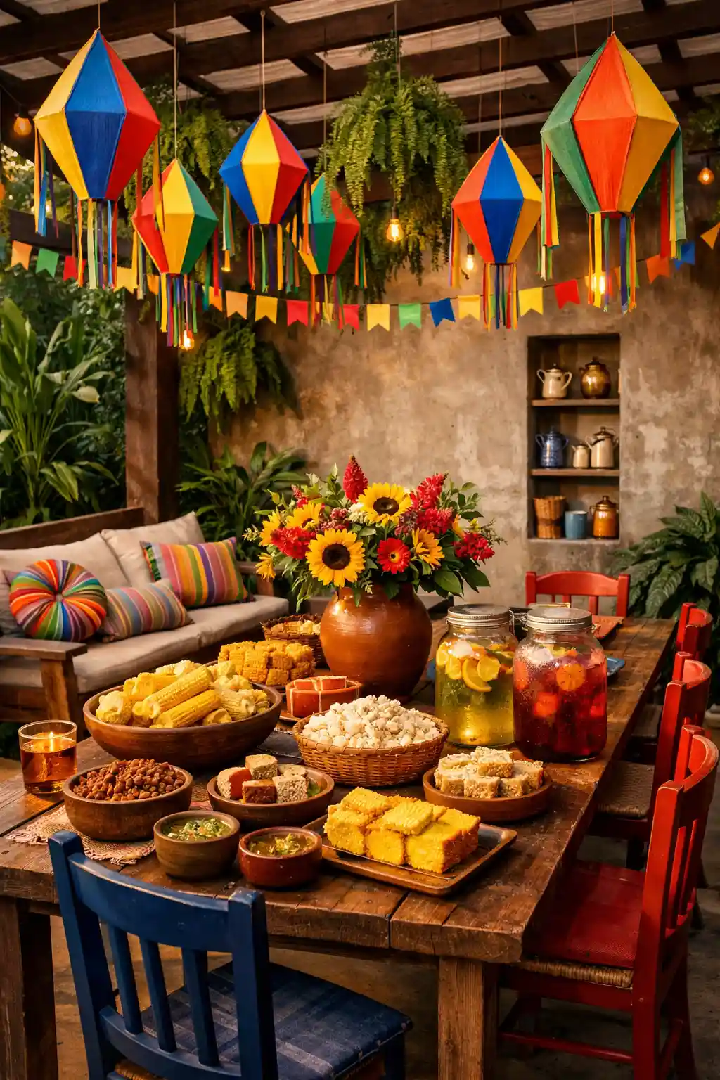 Festa-junina-decoracao | Ocaszen | Equilíbrio De Corpo Casa E Consciência Espírito Vibrante E Acolhedor Das Festas Juninas Com O Contraste Entre O Rústico Da Madeira E Do Cimento Queimado E a Explosão De Cores Dos Balões Flores E Comidas Típicas