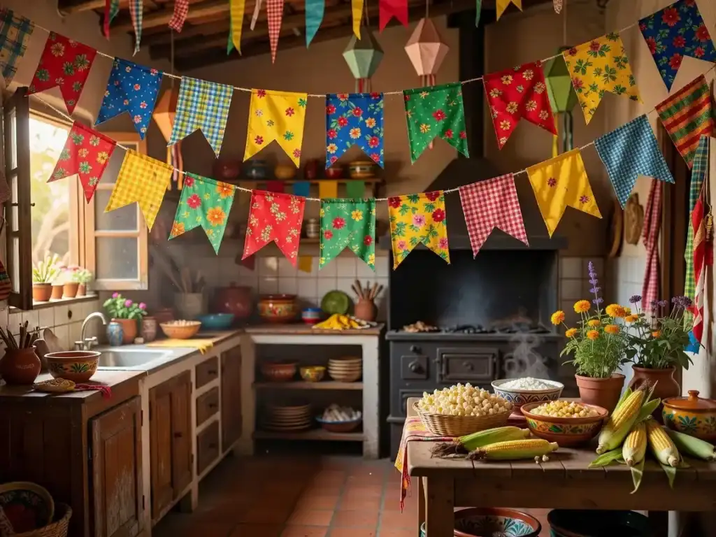 Festa Junina-cozinha-bandeira Algodao | Ocaszen | Equilíbrio De Corpo Casa E Consciência Festa Junina Com Bandeirinhas De Tecido Reutilizado Como Chita Ou Algodão