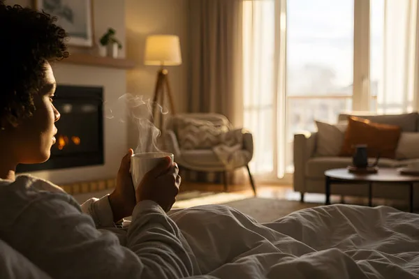 Uma Mulher tomando um café confortavelmente em sua cama