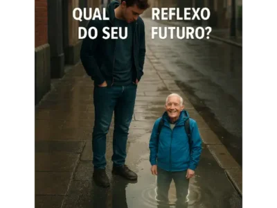 Um rapaz jovem, vendo no reflexo da agua sua imagem na velhice