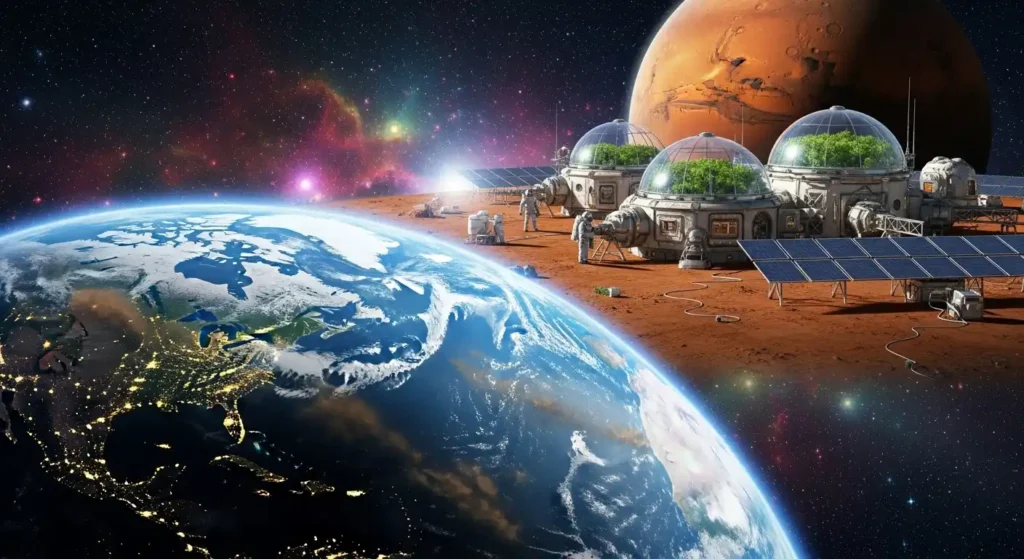 Futuro-do-espao | Ocaszen | Equilíbrio De Corpo Casa E Consciência Colônia Futurista Em Marte Domos Transparentes Painéis Solares E Vegetação Artificial Vista Da Terra Ao Fundo Contra Um Céu Estrelado