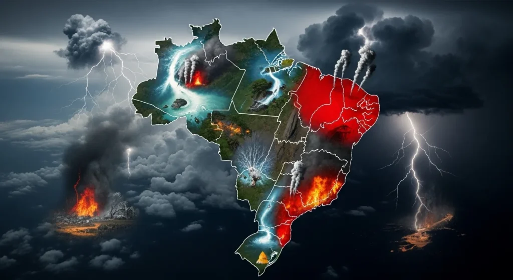 Impacto-climatico-brasil | Ocaszen | Equilíbrio De Corpo Casa E Consciência Mapa Do Brasil Com Regiões Em Vermelho Indicando áreas Afetadas Por Desastres Climáticos