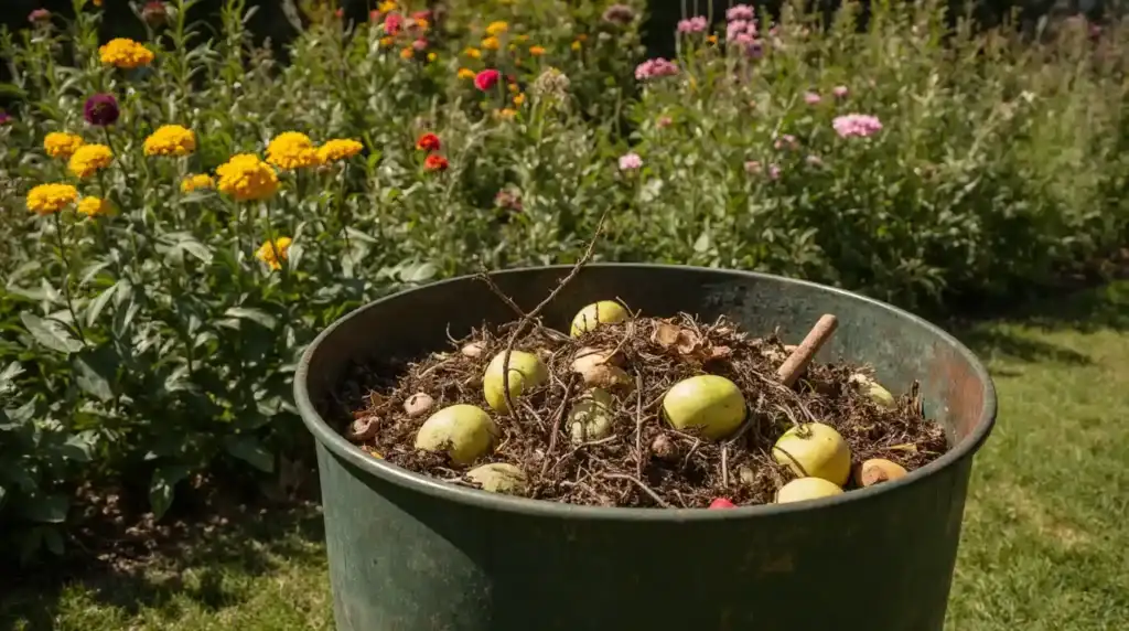 Kompostbehälter Im Grünen Garten Mit Organischen Abfällen