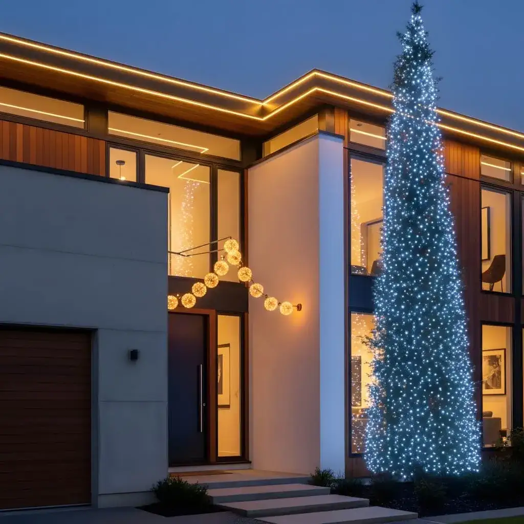 Fachada De Uma Casa Grande Enfeitada Para O Natal Com Luzes