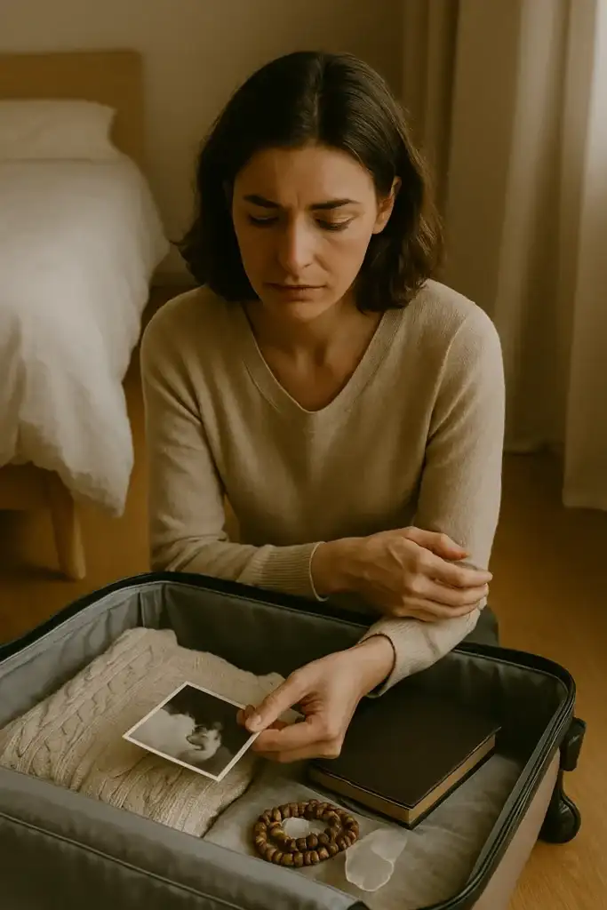 Uma Mulher Reflexiva Olhando Para Dentro De Uma Mala 