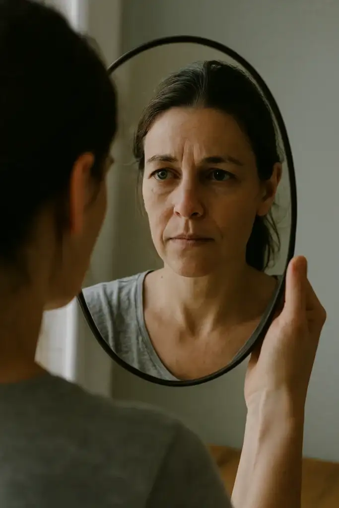 Uma Mulher Olhando No Espelho De Forma Reflexiva