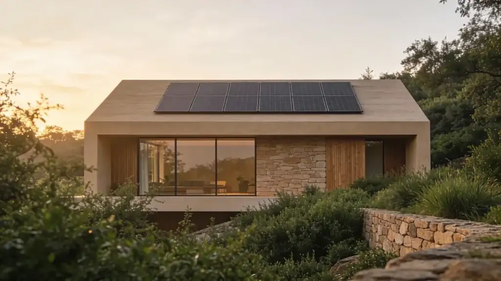 Fachada Minimalista De Uma Casa Sustentável Com Painéis Solares Discretos Ao Amanhecer