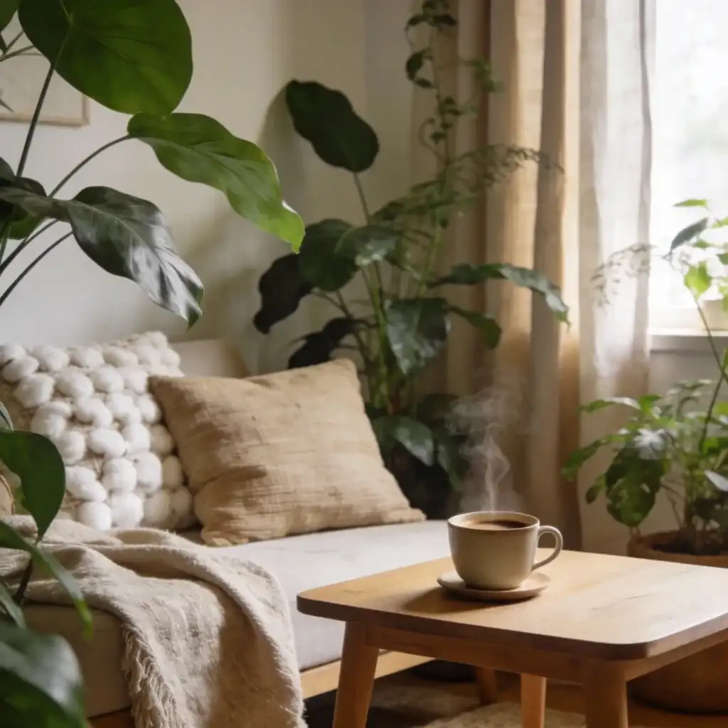 Detalhe De Mesa Com Café Livro Aberto E Texturas De Linho E Cerâmica
