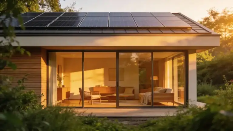 Foco Detalhado Nos Painéis Solares Do Telhado Captando a Luz Do Entardecer