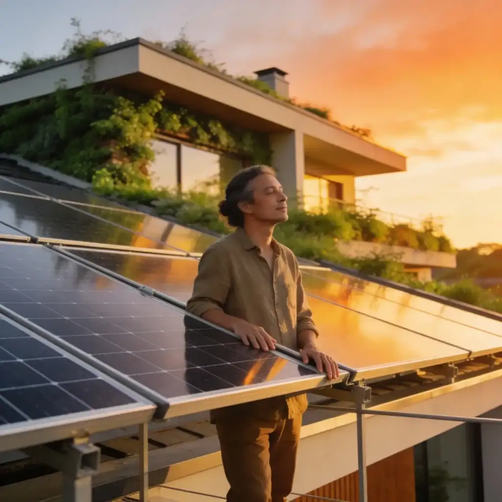 Pessoa Contemplando O Telhado Com Painéis Solares Durante O Pôr Do Sol