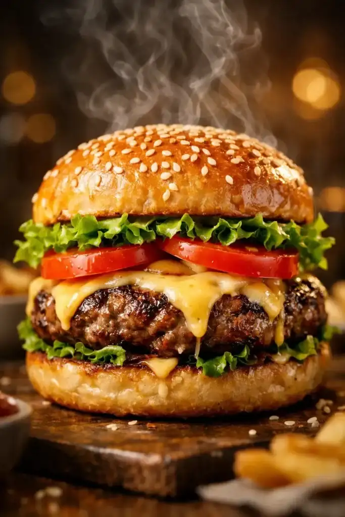 Hambúrguer Gourmet Suculento Com Queijo Derretido Pão Com Gergelim E Vegetais Frescos