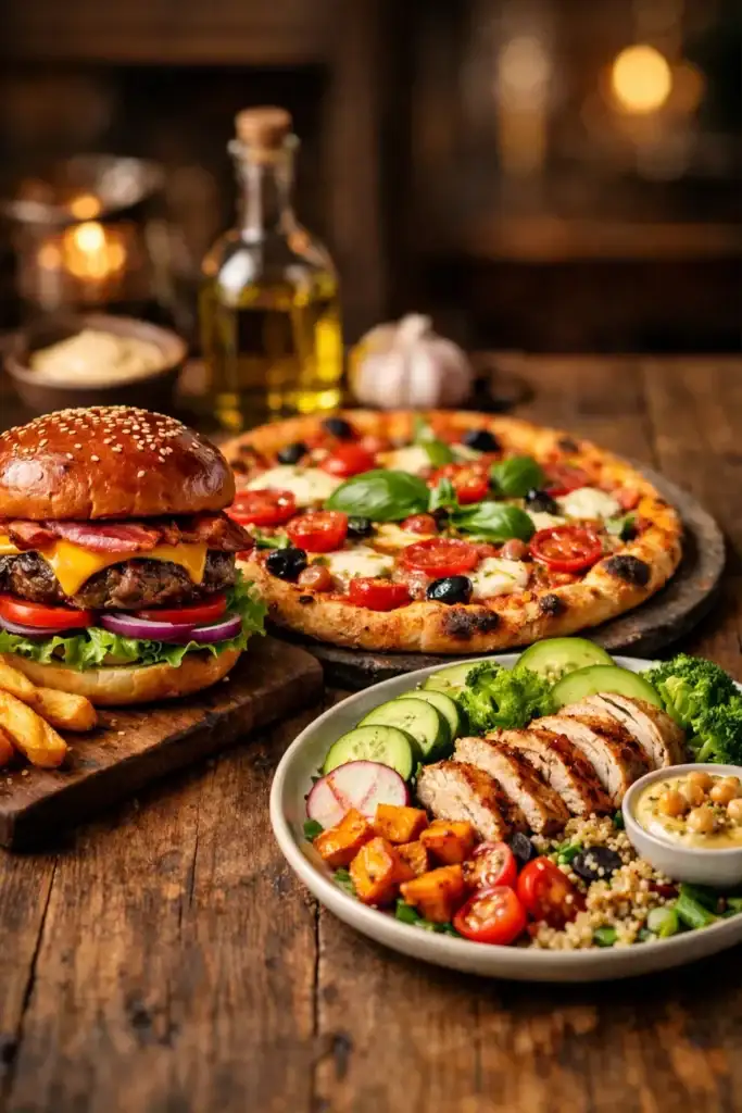  Composição Visual De Um Hambúrguer Gourmet Uma Pizza E Um Prato Saudável Lado a Lado