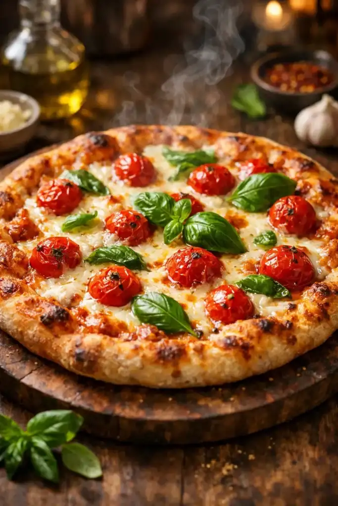 Pizza Inteira Recém assada Com Queijo Tomate Cereja E Manjericão Fresco