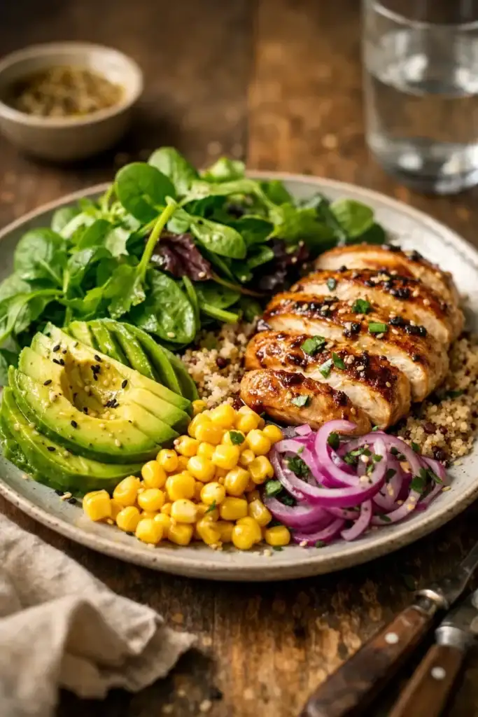 Prato Saudável E Equilibrado Com Frango Grelhado Quinoa Abacate E Vegetais Frescos