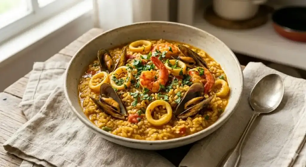 Travessa grande com arroz caldoso de mariscos, camarões grandes por cima e coentro fresco.