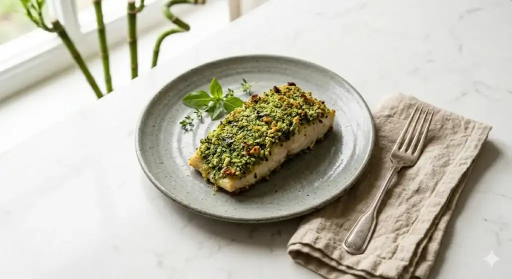 Filé de peixe branco alto com crosta verde de ervas.