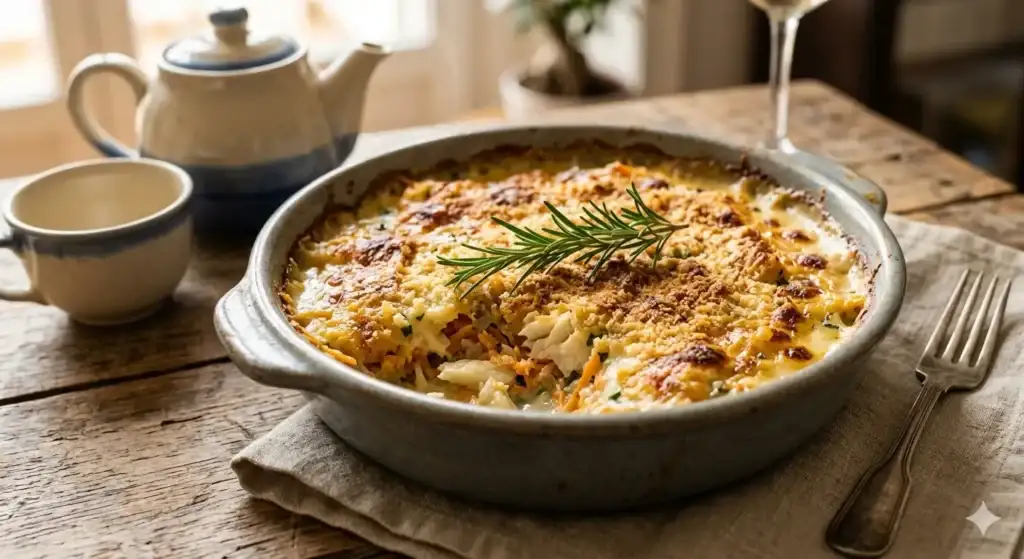 Travessa de cerâmica com bacalhau espiritual gratinado, crosta dourada de parmesão e ramos de alecrim.