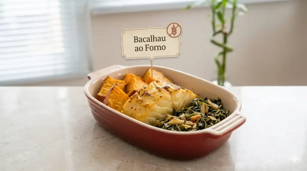 Bacalhau ao Forno com Batata-Doce e Couve