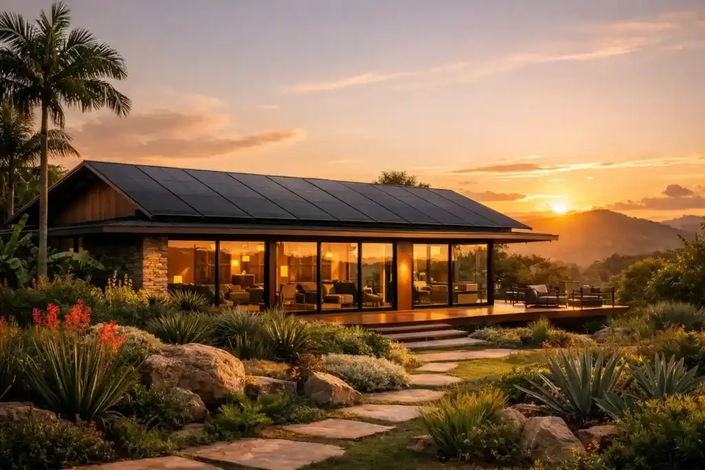 Capa_energia_solar_2026 | Ocaszen | Equilíbrio De Corpo Casa E Consciência Casa Moderna Com Painéis De Energia Solar Em Casa Em 2026 Ao Pôr Do Sol