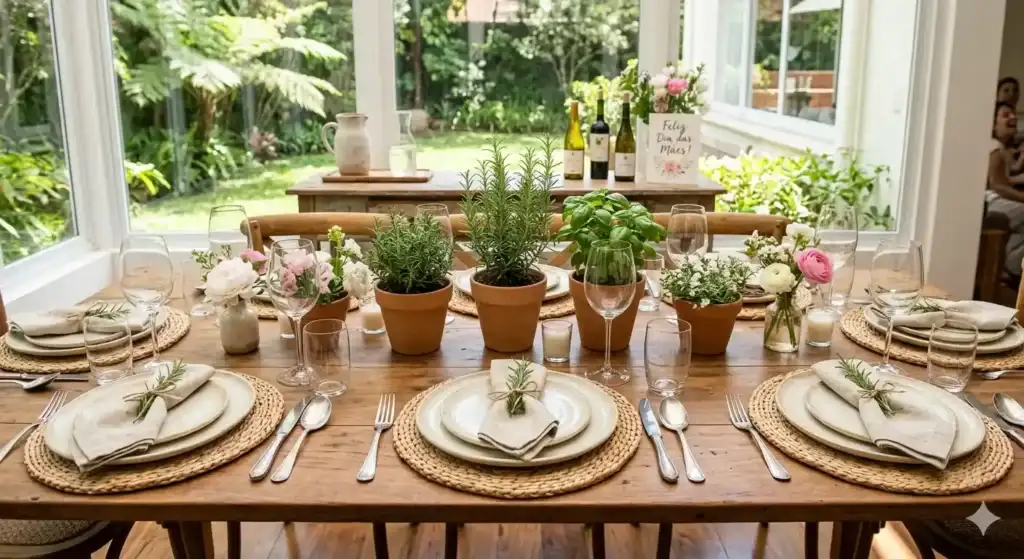Mesa Posta Sustentável Para O Dia Das Mães Com Guardanapos De Linho E Ervas Aromáticas
