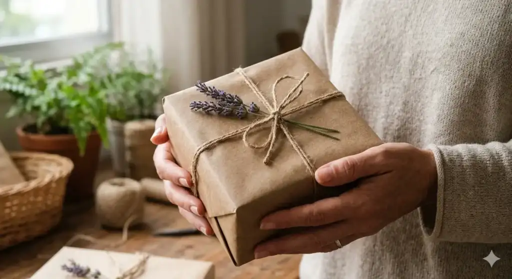 Presente Sustentável Embrulhado Em Papel Reciclado Com Lavanda Seca Representando Consumo Consciente
