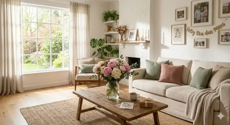 Decoração De Sala De Estar Para O Dia Das Mães Com Flores Frescas E Tons Suaves De Sálvia E Rosa