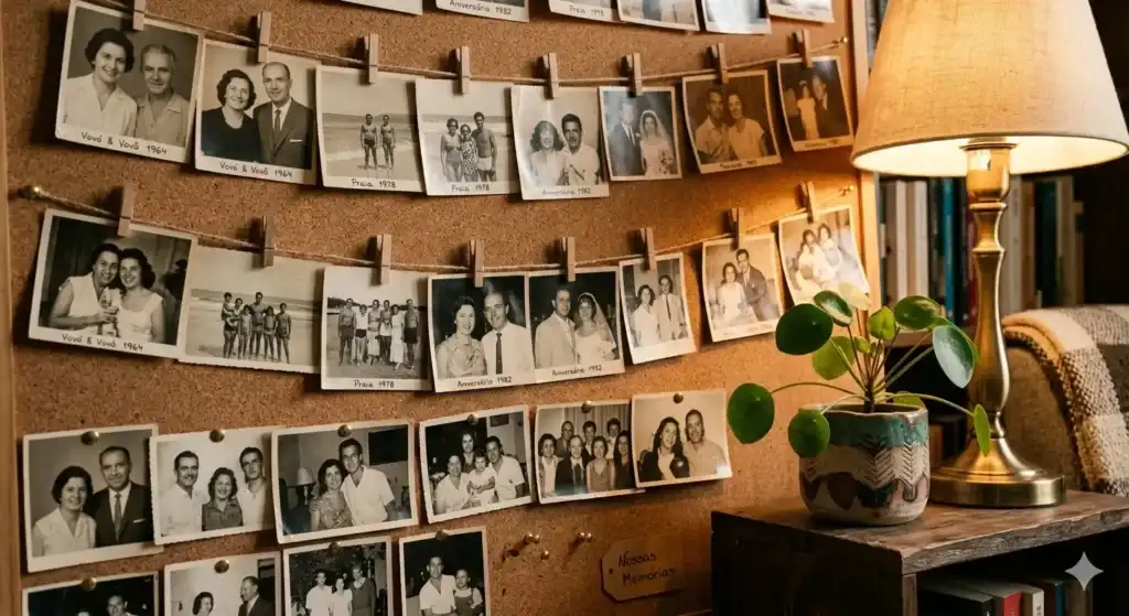 Parede De Memórias Com Fotos De Família E Iluminação Quente Exemplo De Decoração Afetiva