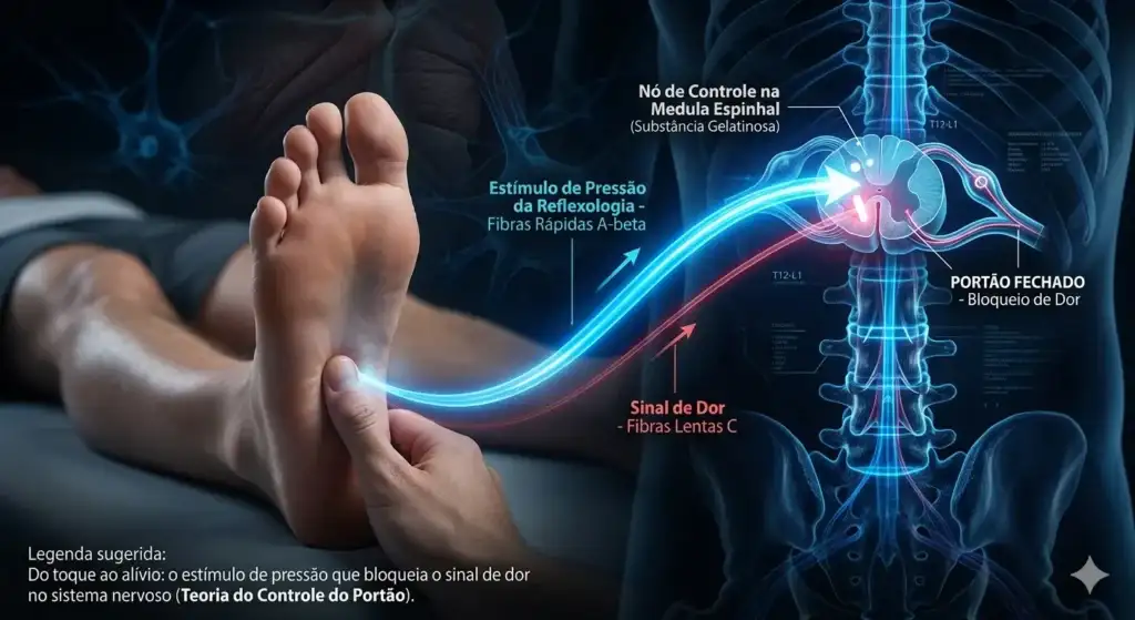 O Estímulo De Pressão Da Reflexologia é Conduzido Por Fibras Nervosas Rápidas Que Chegam à Medula Espinhal Antes Dos Sinais De Dor conduzidos Por Fibras Lentas Ao Chegarem Primeiro Esses Estímulos Ativam Interneurônios Inibitórios Que Bloqueiam Quimicamente a Passagem Do Desconforto fechando O Portão Neural E Promovendo Analgesia Imediata