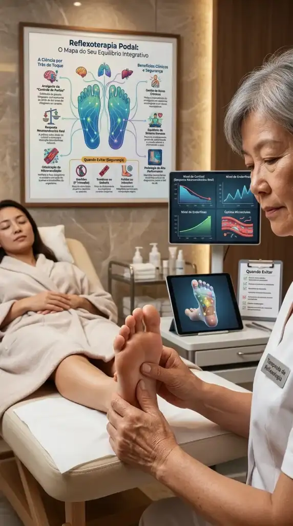 Terapeuta Massageia O Pé Do Paciente Durante Uma Sessão De Reflexoterapia Gráfico Na Parede E Tablet Mostrando O Diagrama Do Pé Em Uma Clínica De Spa