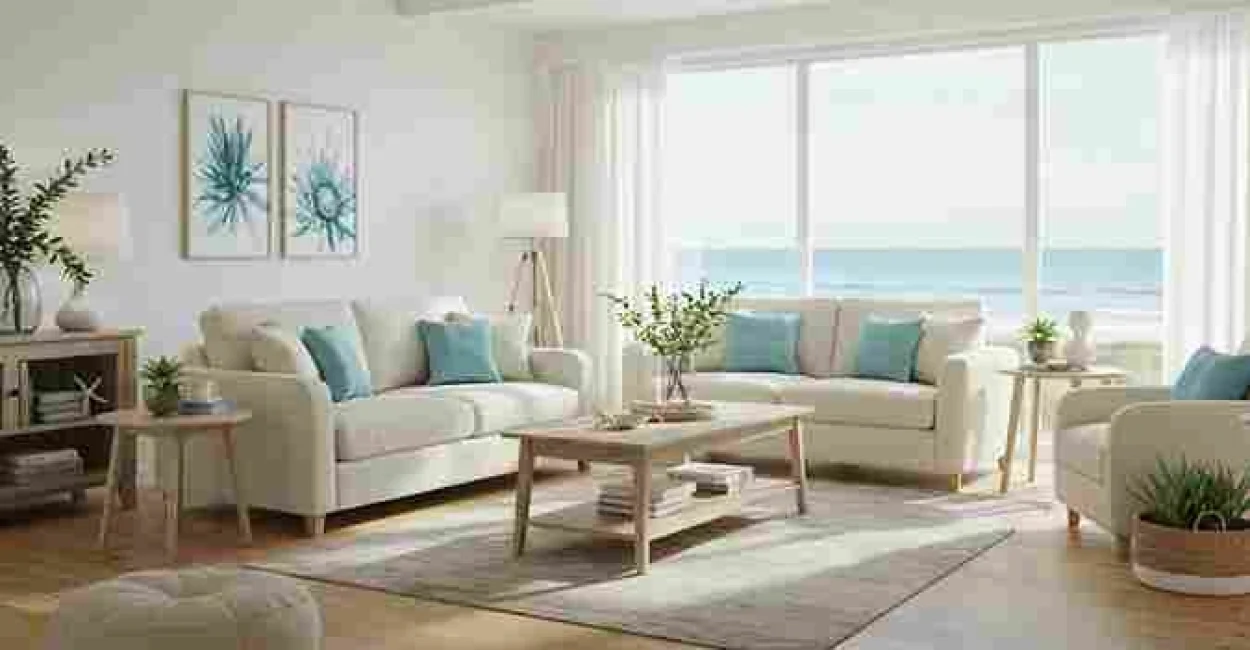 Sala Branca com almofadas em azul claro